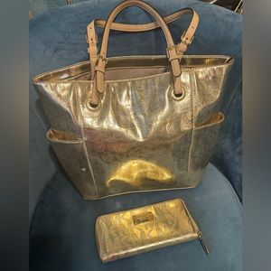 (X2) Michael Kors Gold Purse && Wallet